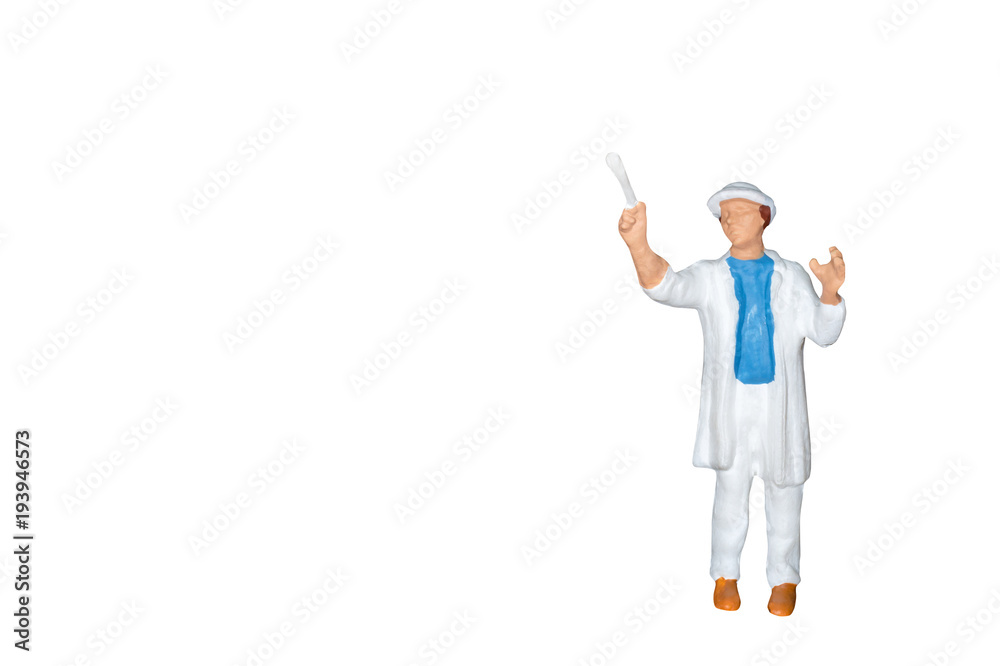 Miniature people : Painter holding a brush isolated on white background