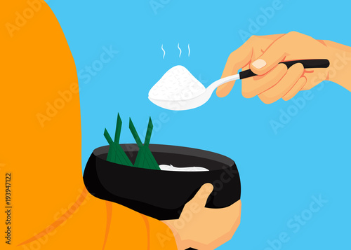 Buddhists offer food in bowls. Important Buddhist Day