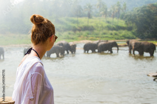 The girl is watching elephant washing, Sri Lanka photo