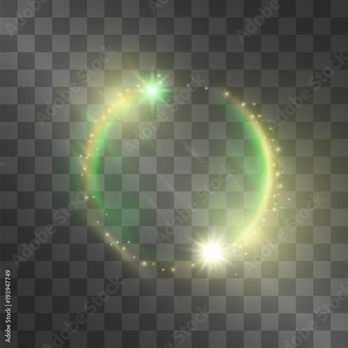 Golden and green light effect with circle rotating sheeny frame comet, glowing flamboyant tail of shining stardust sparkles, bright illumination. Luxurious neon design piece on transparent background.