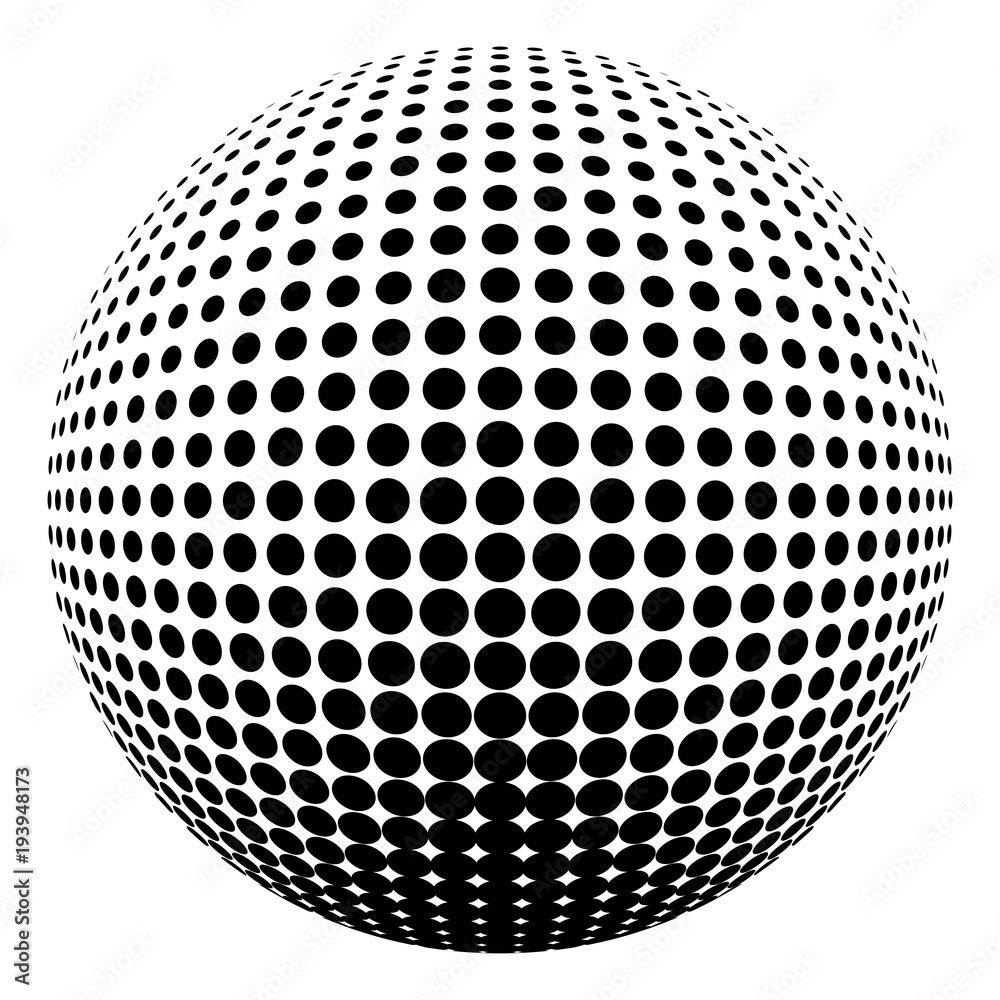 Abstract round 3d black sphere consisting of dots in form of halftone. Scientific and technical frame illustration. Flat cartoon illustration. Objects isolated on a white background. Abstract round 3d black sphere consisting of dots in form of halftone. Scientific and technical frame illustration. Flat cartoon illustration. Objects isolated on a white background.