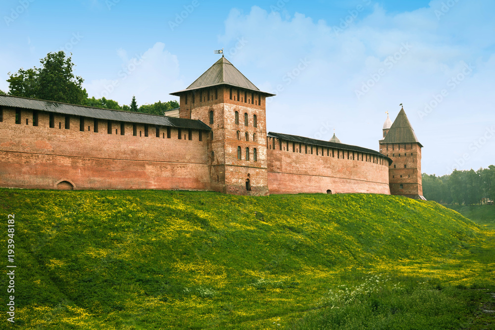 ancient, wall, kremlin, brick, novgorod, russia, architecture, tower, veliky, landmark, russian, red, sky, blue, landscape, summer, park, fortress, tourism, architectural, hill, historic, spring, monu