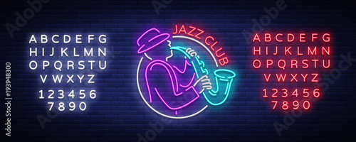 Jazz Club Neon Vector. Neon sign, Logo, Brilliant Banner, Bright Night Advertising for your projects on Jazz Music. Live music. Editing text neon sign