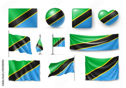 Set Tanzania flags, banners, banners, symbols, realistic icon. Vector illustration of collection of national symbols on various objects and state signs © Sunflower
