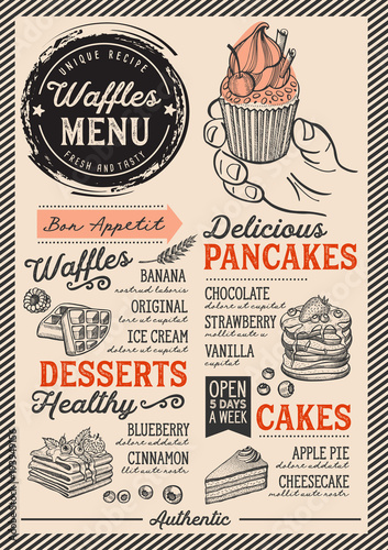 Waffles and crepes restaurant menu. Vector pancake food flyer for bar and cafe. Design template with vintage hand-drawn illustrations.