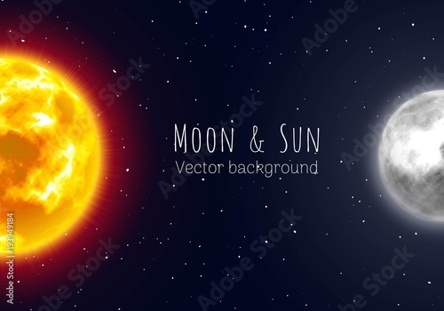 Half moon and sun, night sky background, cartoon style. Star and planet of solar system in galaxy. Vector illustration on astronomical theme