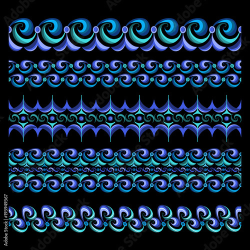 Colored abstract seamless waves borders set