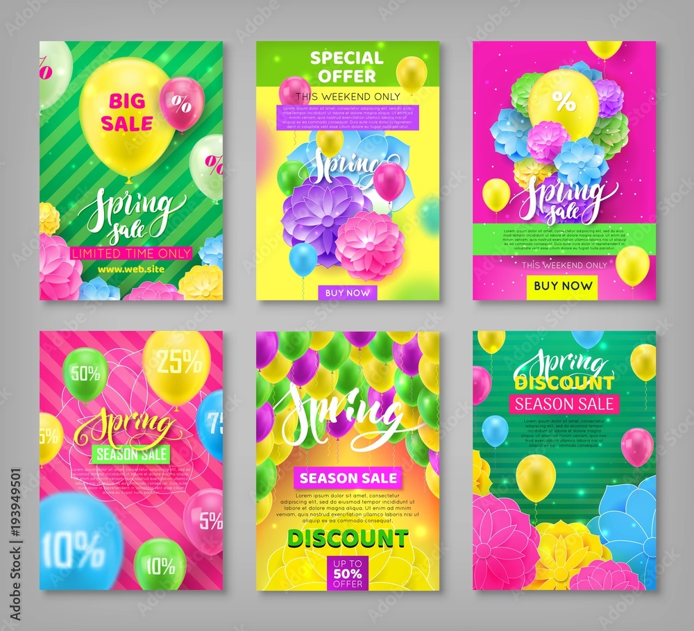 Set discount coupons, spring sale, bright background. Collection of multi-colored invitation flyers for the fair, event and so on. Vector illustration of banner patterns