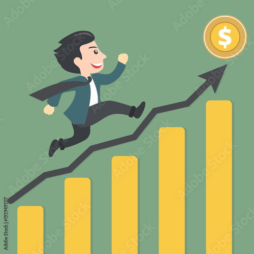 Concept for dollar raising. Successful businessman climbing up growing chart. Concept for business success. Flat vector illustration