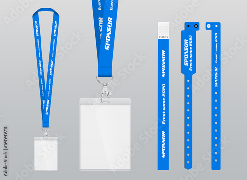 Vector illustration of lanyard and bracelets for identification and access to events. Security and control elements. Lanyards and bracelets with place for sponsor and name of the event.