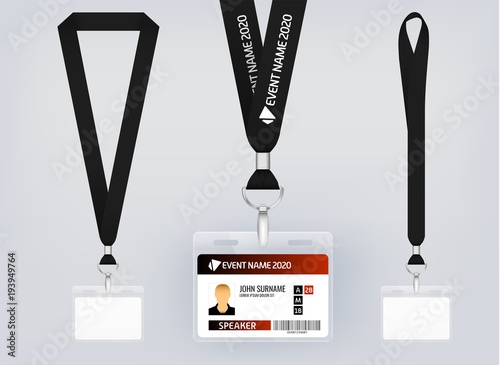 Lanyard design, realistic illustration. Identification card with ribbon. Metal closure and card with plastic. Accreditation for events, meetings, fairs, congresses and companies.