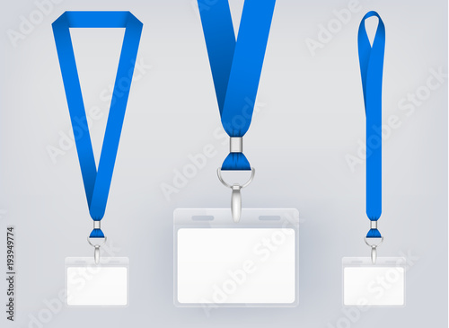Lanyard design, realistic illustration. Identification card with ribbon. Metal closure and card with plastic. Accreditation for events, meetings, fairs, congresses and companies.