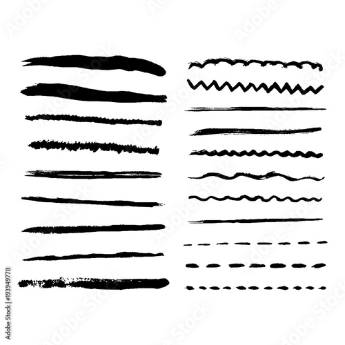 Black ink vector strokes. Wave, dotted, straight, dotted black lines. Acrylic brush line. Hand painted design elements.