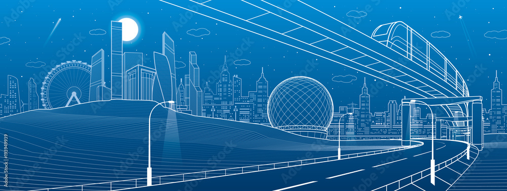Monorail railway. Illuminated highway. Transportation urban illustration. Skyline modern city at background. Business buildings. Night town. White lines on blue background. Vector design art
