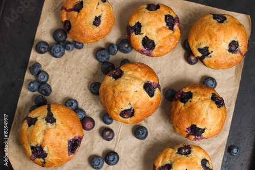 Blueberry muffins from directly above