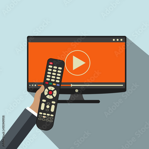 Hand holding remote control. TV icon concept. Play icon on television. Smart TV concept. Flat vector illustration