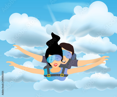 Skydiver man and woman flying in the blue sky. Parachutist characters. Tandem skydiving. Vector illustration