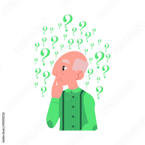 Vector flat old caucasian elderly grey-haired man in casual green clothing standing in thoughtful pose holding chin thinking with questions above head portrait. Isolated background illustration