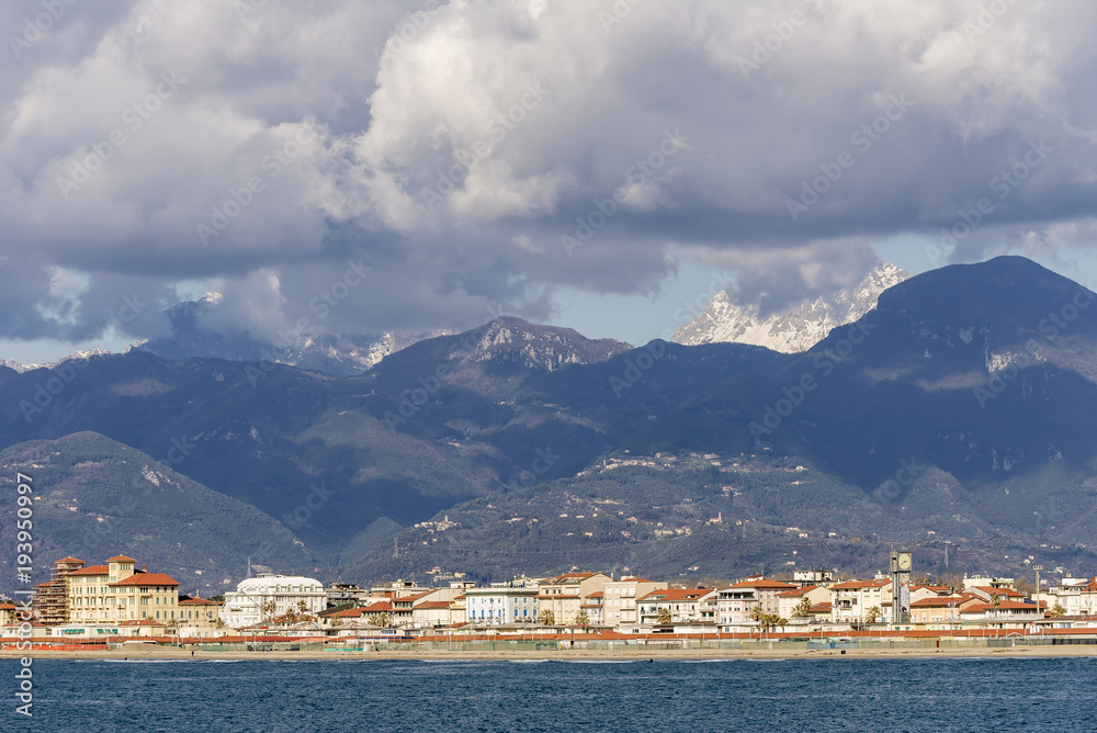 View of Viareggio and the Apuan Alps from the sea, Lucca, Tuscany, Italy