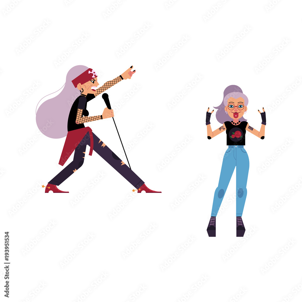 Vector flat rock music, culture people set. Heavy metal, punk rock style clothing, haircut elderly old women singing at microphone, showing rock sign. Isolated illustration, white background