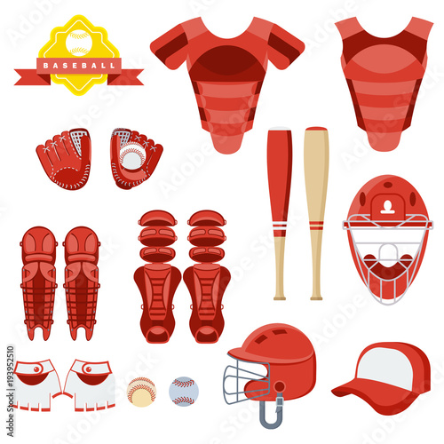 Baseball equipment set. Bat, ball, softball gloves, batting helmets, catcher gear and leg guards. Flat vector cartoon illustration. Objects isolated on a white background.