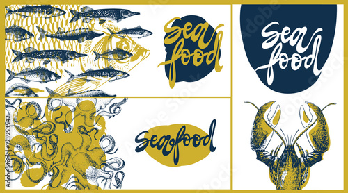 Seafood vector design template, banners set. Seafood vector illustration hand drawn linear art. Restaurant menu.
