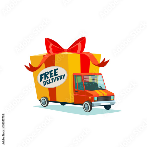 Free delivery concept. Delivery truck with gift box, parcel. Delivery service. Shipping by car or truck. Flat style design truck icon.