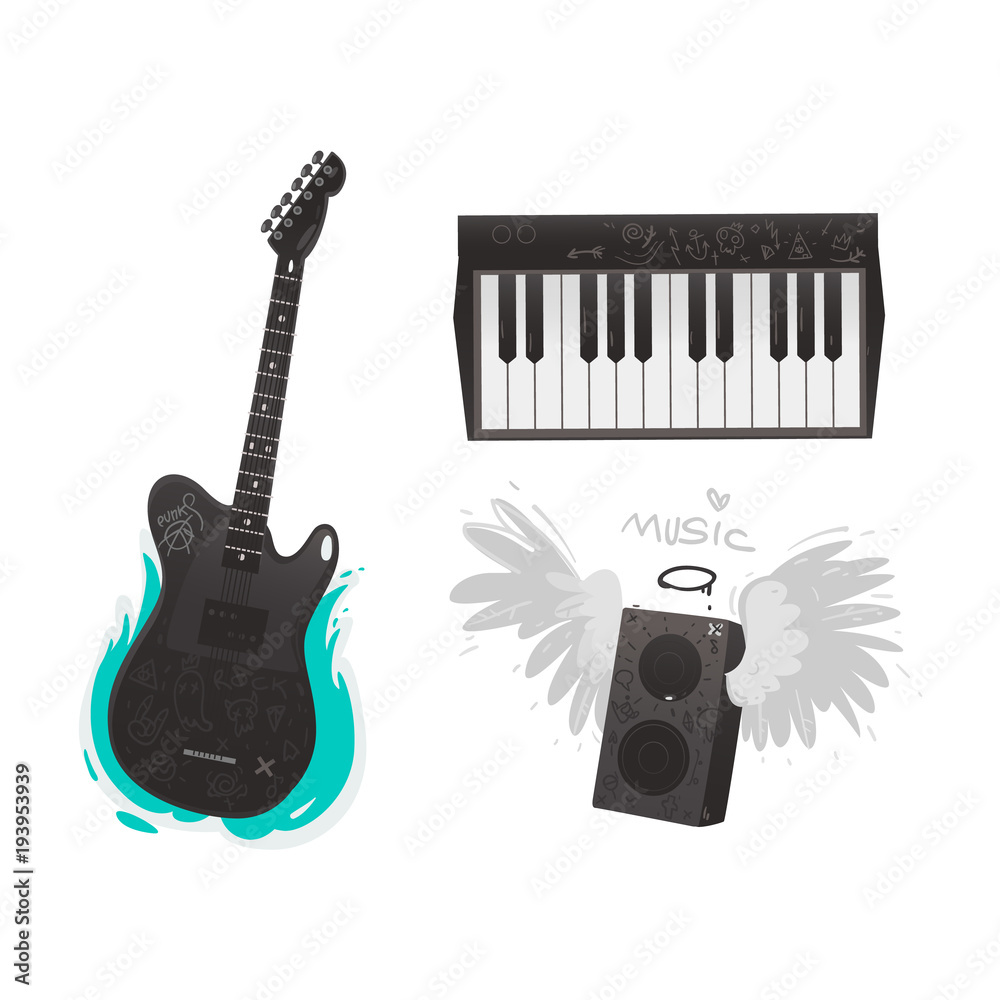 Vector flat music symbols set. Electric guitar, loudspeaker with angel  wings, nimbus, piano. Heavy metal, hard classic punk rock culture. Isolated  background illustration Stock Vector | Adobe Stock