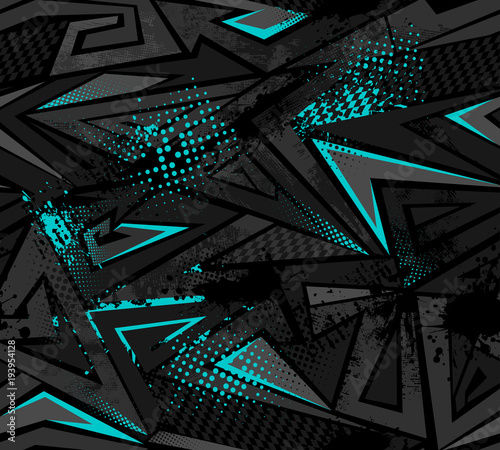 Abstract seamless geometric pattern. Grunge urban repeated backdrop for boy, sport textile, wrapping paper. Arrow, curved lines, grungy elements, triangles, dots. Shabby texture. Blue and grey backgro