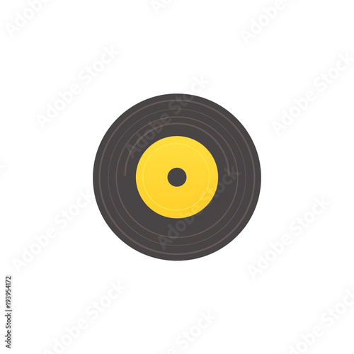 Vector flat vintage vinyl record  circle black yellow retro music sound audio disk icon. Plastic disco tracks for gramophone  dj equipment. Isolated illustration on a white background