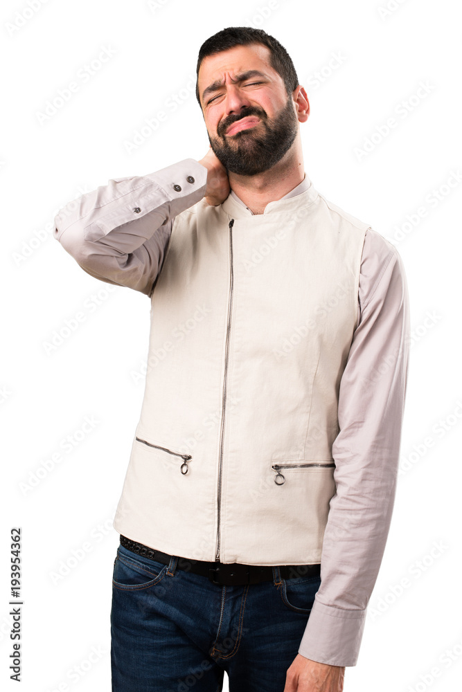 Handsome man with vest with neck pain on isolated white background Handsome man with vest with neck pain on isolated white background