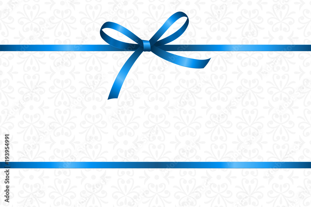 Invitation, Greeting or Gift Card With Blue Ribbon And A Bow on White Decorative Elements background. Gift Voucher Template with place for text. Invitation, Greeting or Gift Card With Blue Ribbon And A Bow on White Decorative Elements background. Gift Voucher Template with place for text.