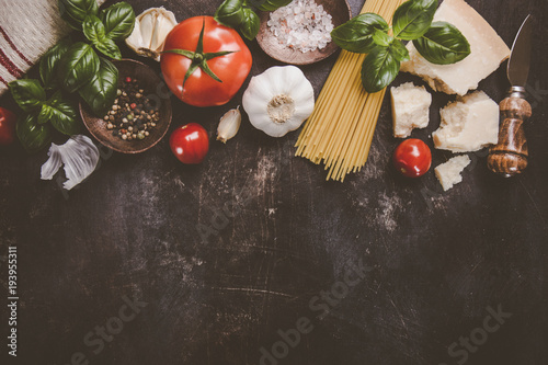 Tasty products for pasta on table