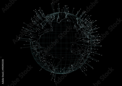 Hologram world globe map 3D illustration with particles on black background.