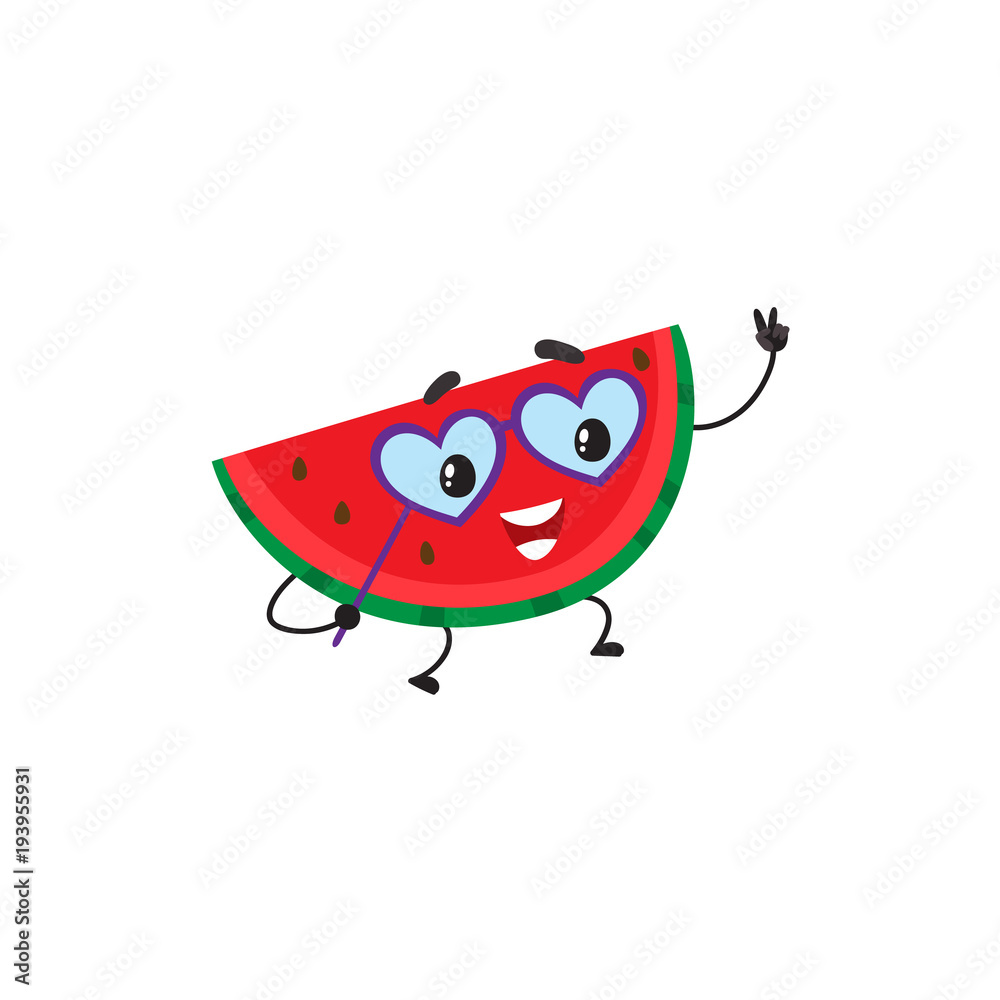 Obraz premium Funny watermelon character with human face wearing heart-shaped glasses, having fun at party, cartoon vector illustration isolated on white background. Watermelon character in glasses having party
