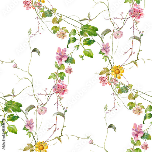 Wallpaper Mural Watercolor painting of leaf and flowers, seamless pattern on white background Torontodigital.ca