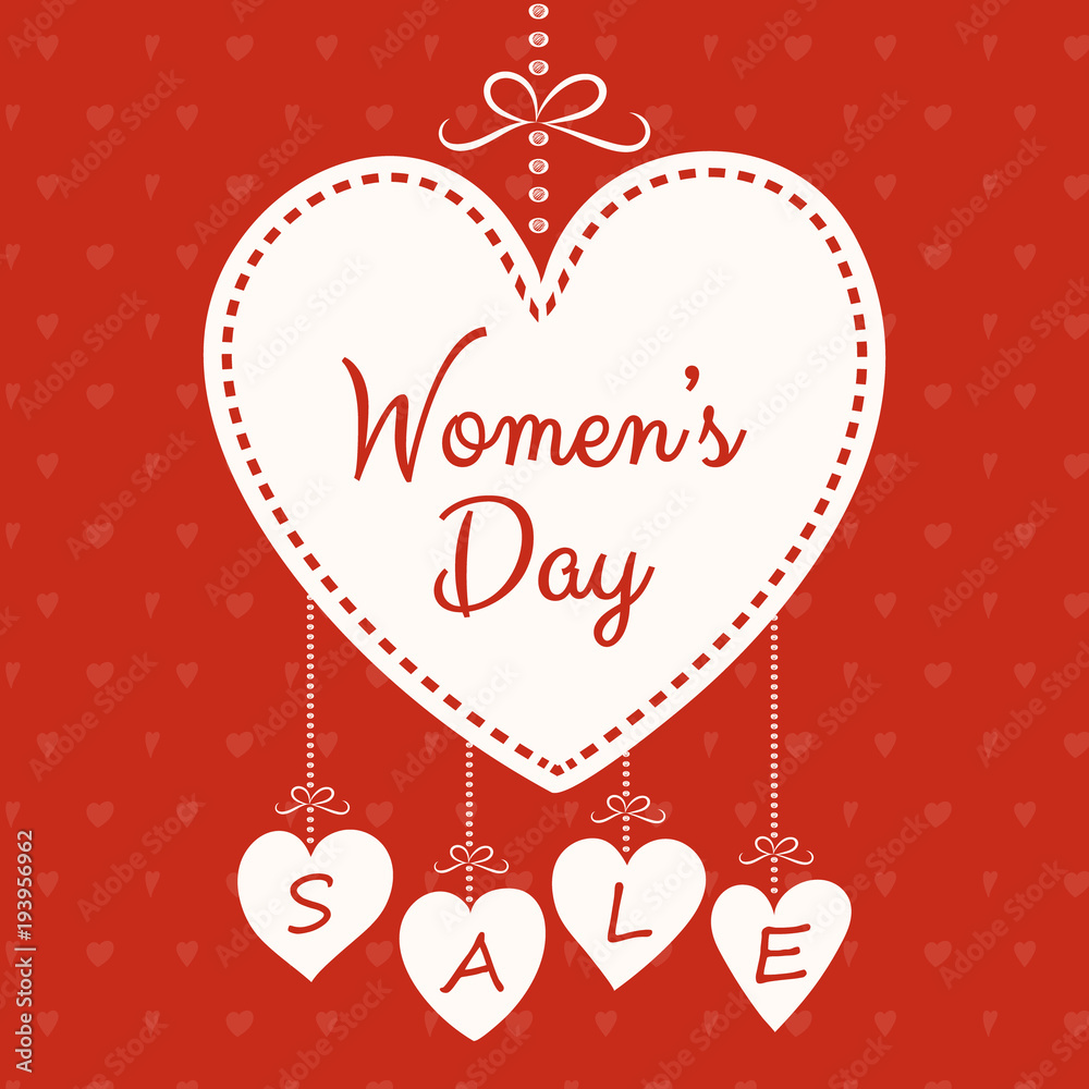 Women's Day Sale - poster with hand drawn haerts. Vector.