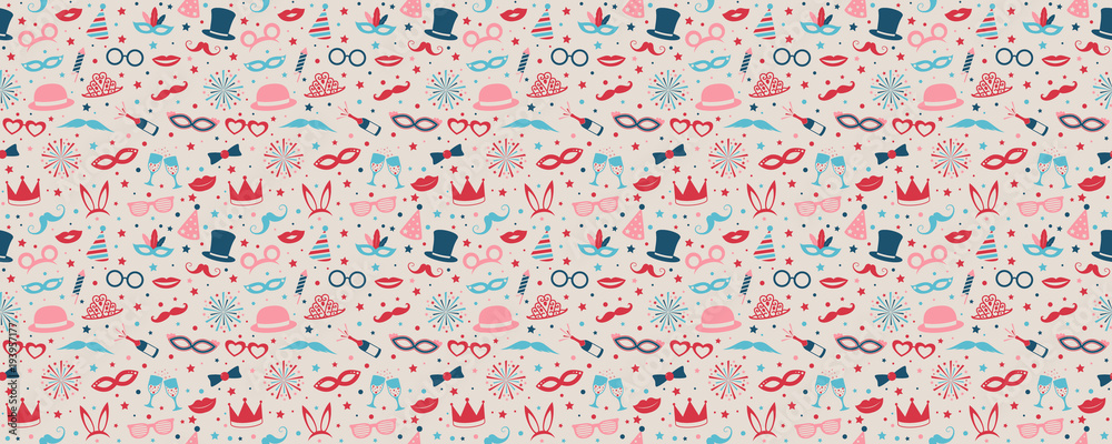 Fototapeta premium Colorful background with photobooth party icons. Seamless texture.