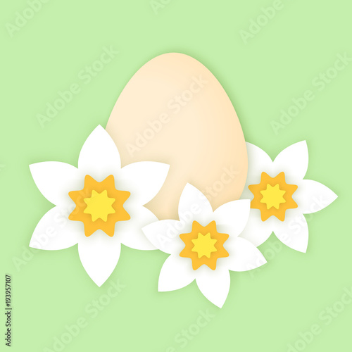 Minimalistic papercut Easter card with egg and narcissus in light colors