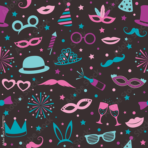 Colorful background with photobooth party icons. Seamless texture.