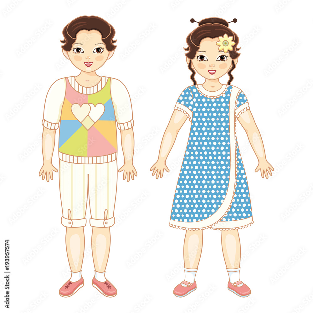 Vector flat asian brunette boy and girl kids friends standing smiling. Male, female characters in casual clothing - dress, shorts with happy expression. Isolated illustration, white background. Vector flat asian brunette boy and girl kids friends standing smiling. Male, female characters in casual clothing - dress, shorts with happy expression. Isolated illustration, white background.