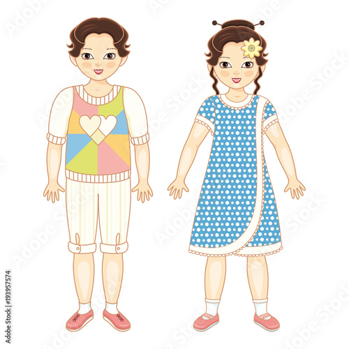 Vector flat asian brunette boy and girl kids friends standing smiling. Male, female characters in casual clothing - dress, shorts with happy expression. Isolated illustration, white background.
