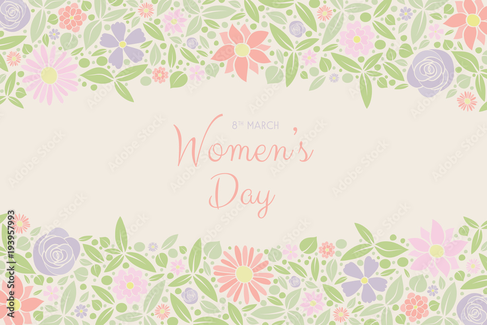Women's Day - card with hand drawn flowers and wishes. Vector.