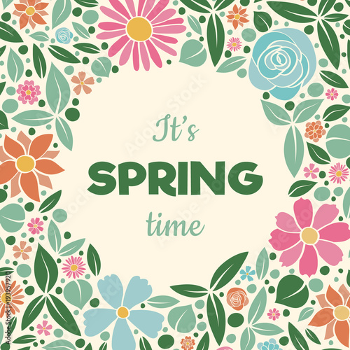 Spring is coming - flyer with colorful flowers. Vector.