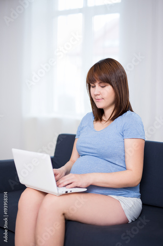 pregnancy and online shopping concept - pregnant woman using laptop in living room