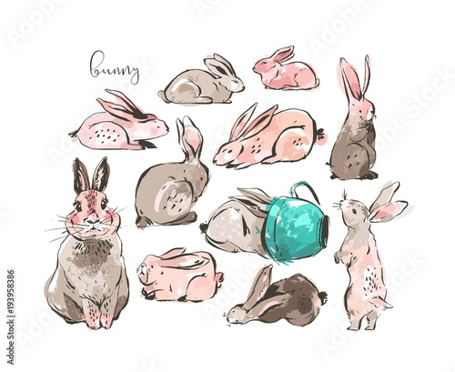 Hand drawn vector abstract ink sketch graphic drawing scandinavian Happy Easter simple bunny illustrations collection set with freehand collage textures in pastel colors isolated on white background