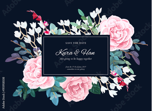 Floral wedding invitation with pink roses on dark background. Horizontal RSVP or save the date template. Classic vector design.
