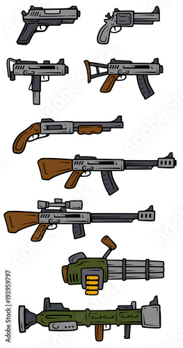Cartoon weapons and firearms vector icons