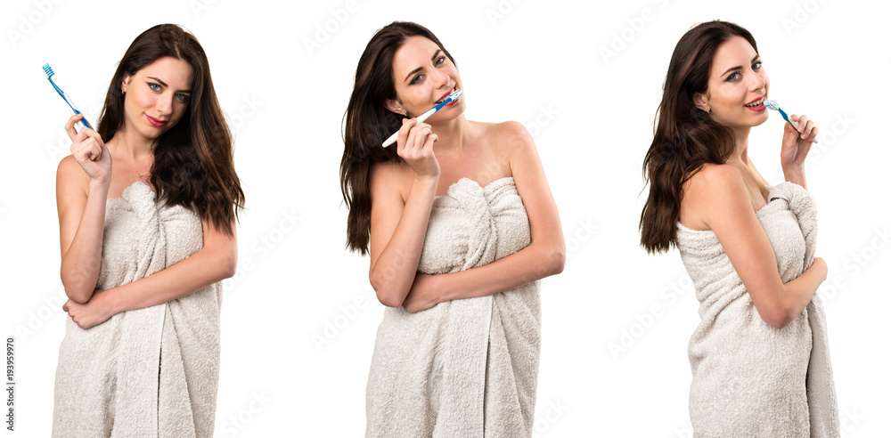 Set of Young woman in bath towel with toothbrush Set of Young woman in bath towel with toothbrush