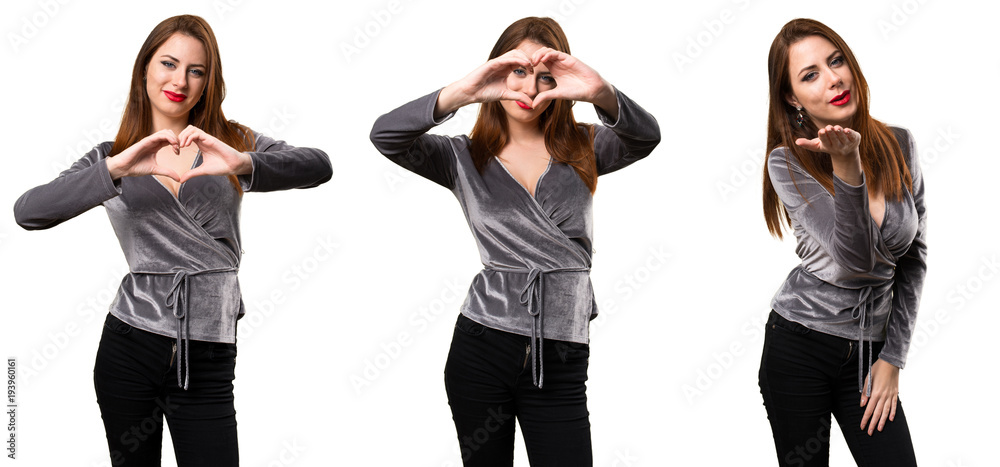 Set of Beautiful young girl making a heart with her hands and sending a kiss